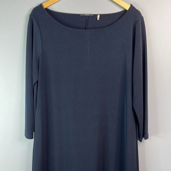 TAHARI Midnight Navy Blue Midi Shift Dress Bateau Neck White Trim 3/4 Sleeves L - Picture 3 of 11